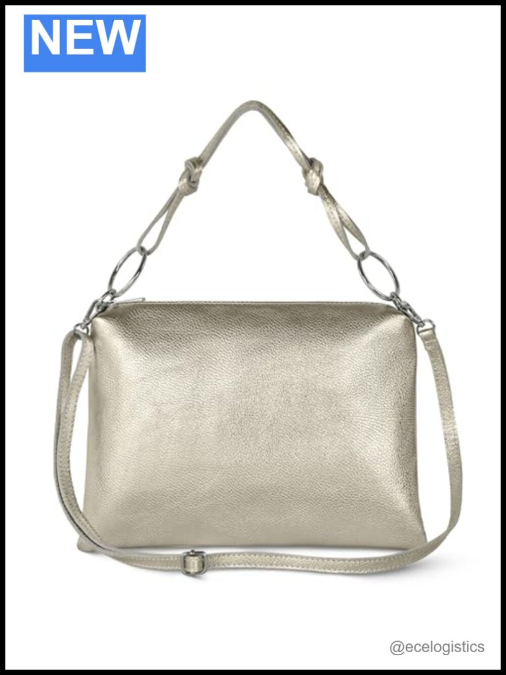 Italian Metallic Calf Leather Shoulder Bag with Top Handle & Crossbody Strap